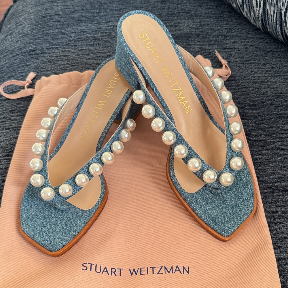 Stuart Weitzman Denim Pearl Mules